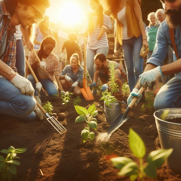 Photo un groupe de personnes travaille dans un jardin avec une pelle