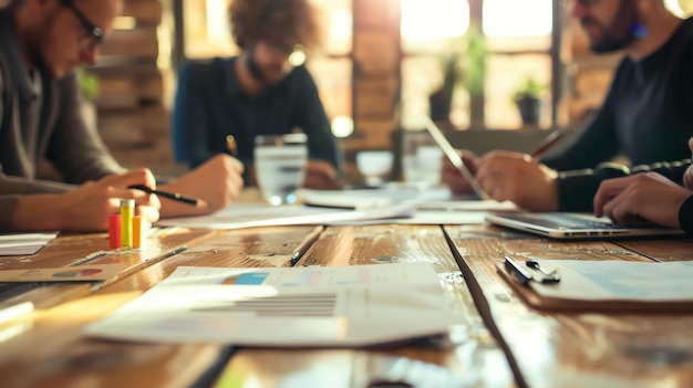 Un groupe de personnes travaillent ensemble dans un bureau. Ils regardent des documents et discutent de quelque chose. Il y a un ordinateur portable sur la table.