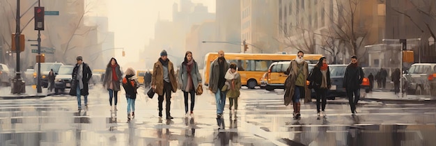 un groupe de personnes traverse une rue animée de la ville dans le style du post-peinture
