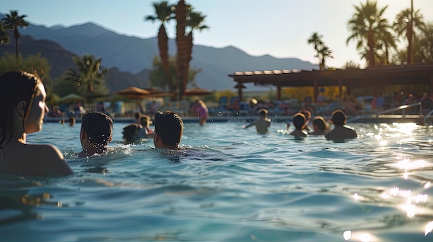 Groupe de personnes en vacances d'été à la piscine d'une station balnéaire
