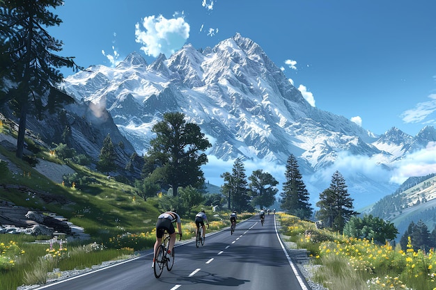 Un groupe de personnes à vélo sur une route à côté d'une chaîne de montagnes avec des fleurs jaunes sur le