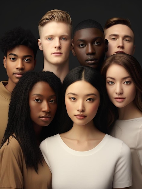 un groupe de personnes avec des visages différents et le même qui porte une chemise blanche.