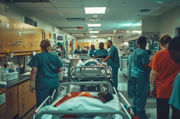 Photo un groupe de personnes, y compris l'équipe a de la salle d'urgence, se rassemblent autour d'une chambre d'hôpital pour montrer la compassion et le dévouement du travail d'équipe dans la fourniture de soins de santé à un patient dans le besoin.