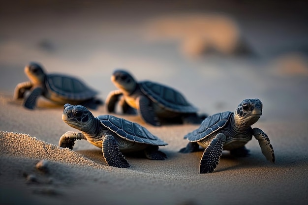 Groupe de petites tortues sur la plage Conception mignonne et adorable vie marine et conservation et protection de la nature jeunesse et innocence progrès lents et réguliers IA générative