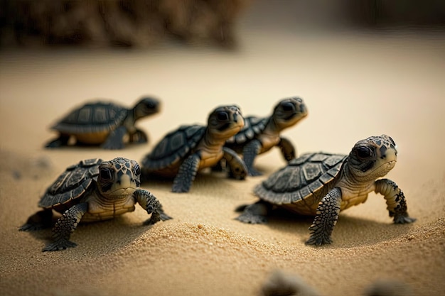 Un groupe de petites tortues sur la plage crée un design mignon et adorable qui fait allusion à la vie marine et à la conservation et à la protection de la nature jeunesse et innocence IA générative