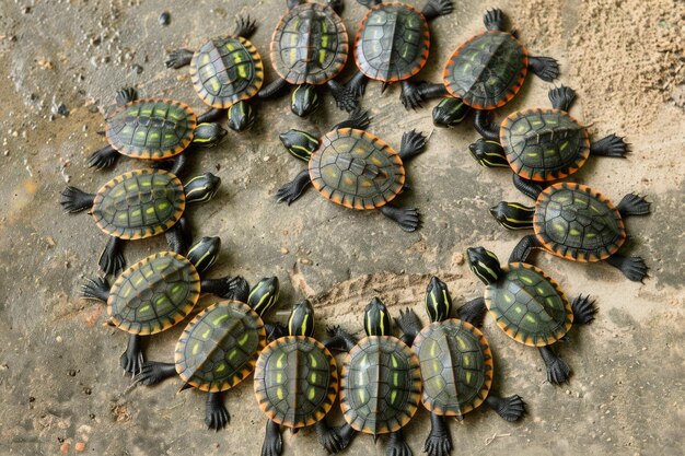 Photo un groupe de petits bébés tortues avec leurs coquilles encore douces sont rassemblés