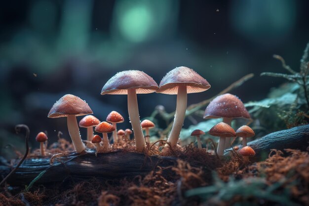 Un groupe de petits champignons poussant sur le sol de la forêt et l'herbexAxA