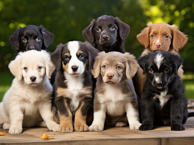 Groupe de petits chiots mignons de différentes races photographiés