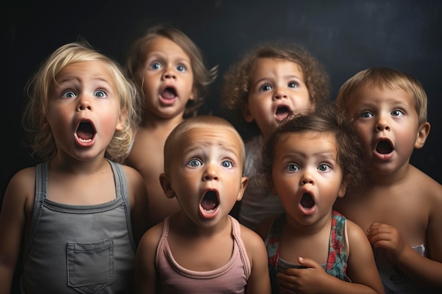 Photo un groupe de petits enfants souriants et étonnés écoutant quelque chose