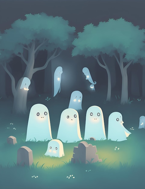 Photo un groupe de petits fantômes dans un vieux cimetière.