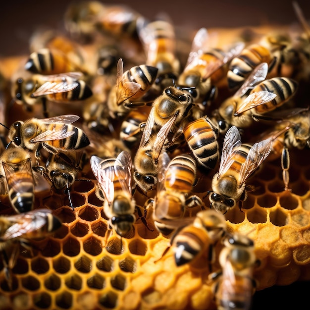 Groupe de photographie d'abeilles d'abeilles sur le nid d'abeille produisant du miel ai génératif