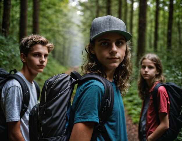 Photo groupe de photos d'adolescents comme un randonneur dans le bois sombre générative ai