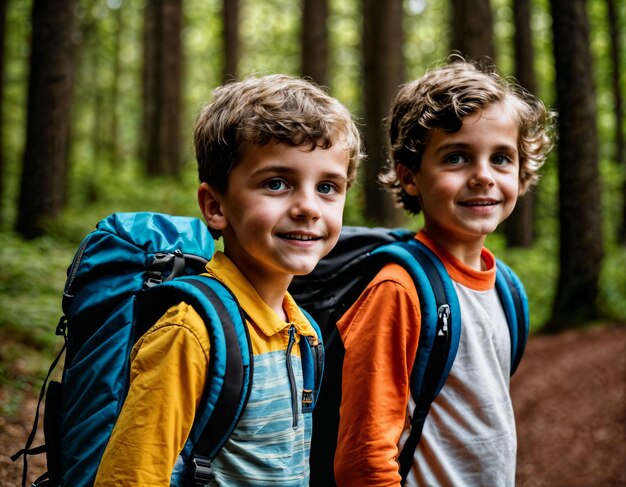 groupe de photos d'enfants comme un randonneur dans le bois sombre générative AI