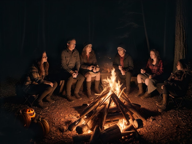 Groupe de photos de personnes avec un feu de joie la nuit d'Halloween