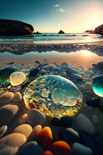 Groupe de pierres assis au sommet d'une plage de sable générative ai