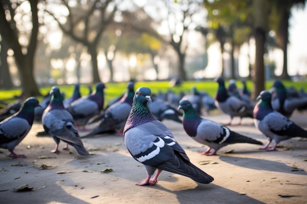 Groupe de pigeons affluant pour se nourrir dans un parc