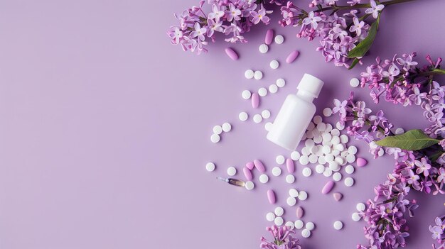 Photo un groupe de pilules blanches et une bouteille de médicament pourpre sur un fond violet