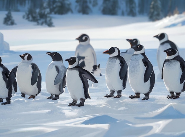 Un groupe de pingouins debout dans la neige.