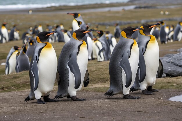 Photo groupe de pingouins royaux aptenodytes patagonicus sur les côtes des îles falkland