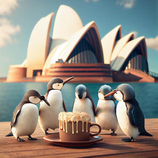Un groupe de pingouins se tient autour d'un gâteau avec l'opéra de Sydney en arrière-plan.