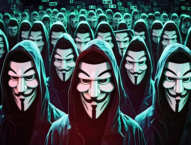 Groupe de piratage anonyme hommes inconnus en sweat à capuche noir avec capuches et masques blancs
