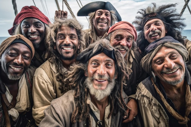 Un groupe de pirates pose pour une photo devant un navire.