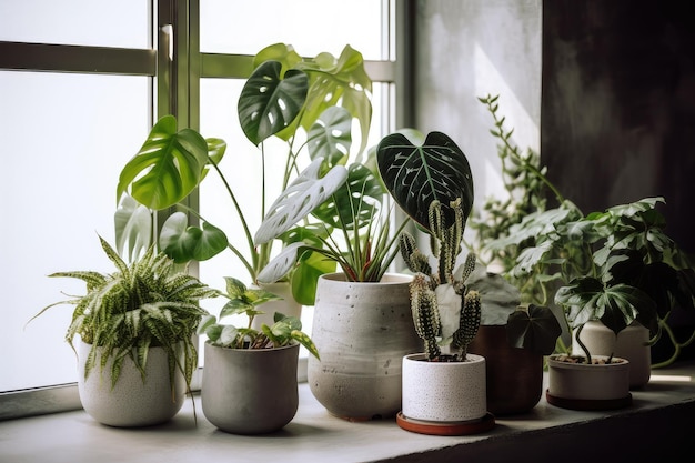 Groupe de plantes d'intérieur dans des pots en béton sur le rebord de la fenêtre