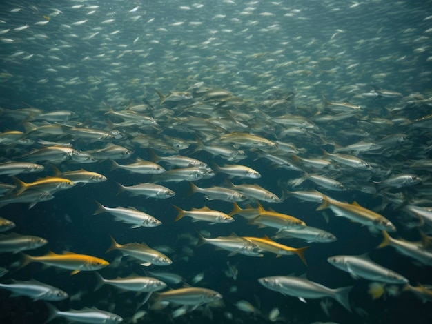 un groupe de poissons nageant dans l'eau de l'océan avec la lumière du soleil qui brille sur eux