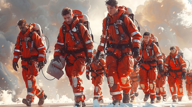 Un groupe de pompiers en combinaisons orange et casques debout dans la fumée