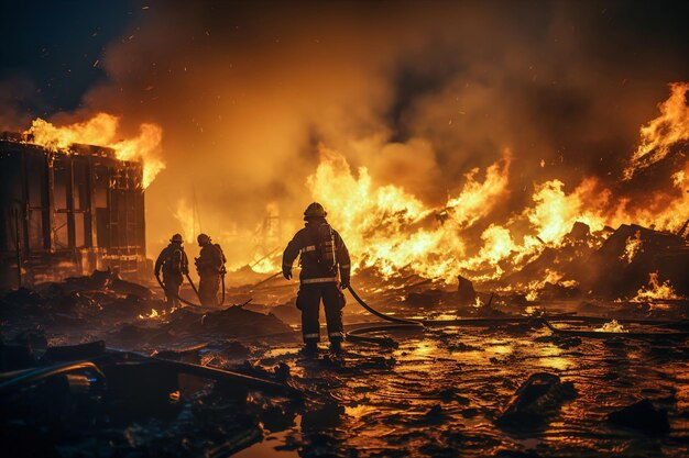 Un groupe de pompiers debout devant un feu