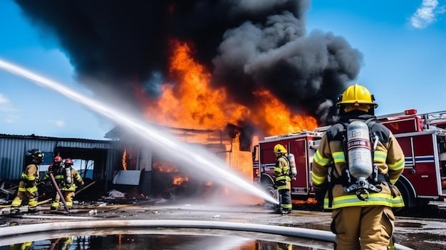 un groupe de pompiers debout devant un incendie