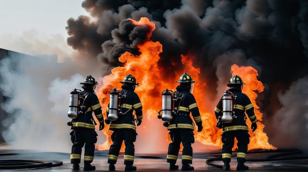 Un groupe de pompiers devant le feu