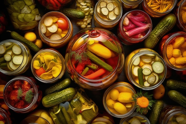 Groupe de pots remplis de divers types de légumes marinés sur table