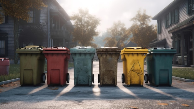 Un groupe de poubelles avec une qui dit "poubelle" dessus