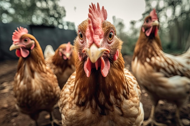 Un groupe de poules et de coqs regarde la caméra Generative AI