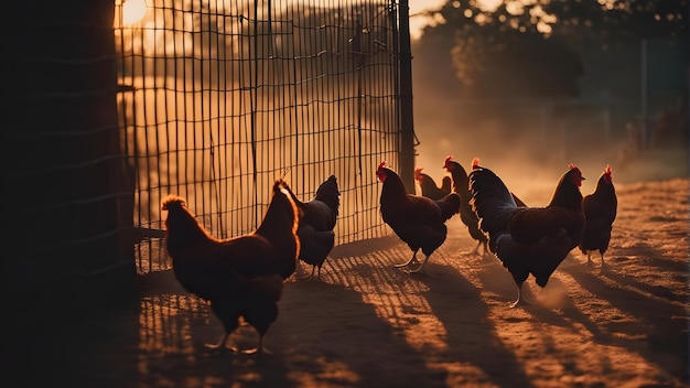 un groupe de poules marche dans le sable.