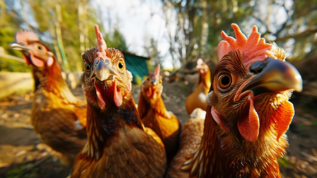 Un groupe de poulets est vu debout l'un à côté de l'autre dans cette photo