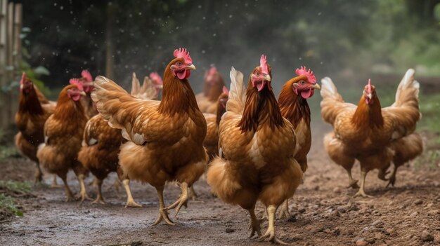 Un groupe de poulets marche le long d'un chemin de ferme.