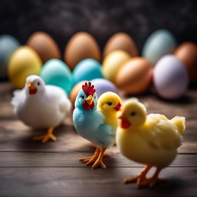 Photo un groupe de poulets avec des œufs en arrière-plan