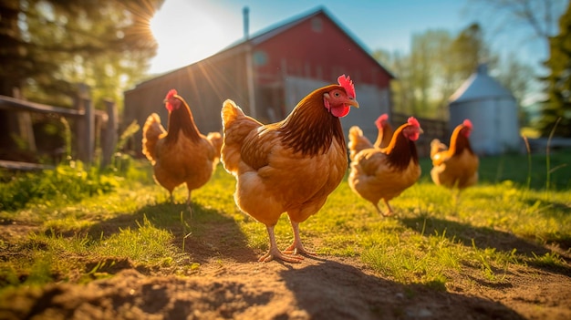 Un groupe de poulets près de la ferme au soleil regarde la caméra Generative Ai