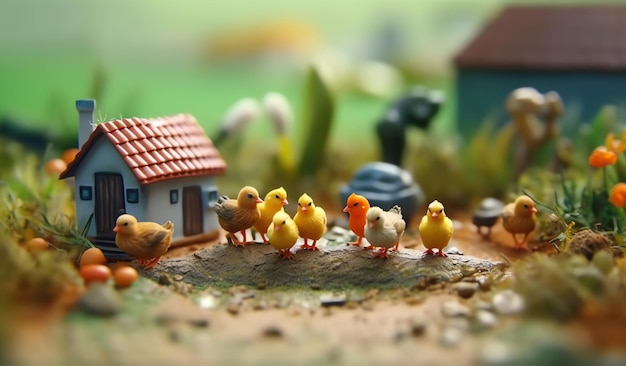 Un groupe de poulets se tient devant une maison et une maison.