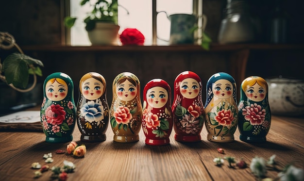 Photo un groupe de poupées de nidification russes assises sur une table
