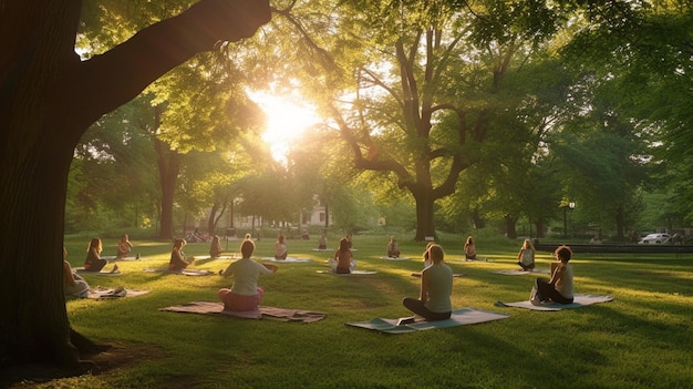 Un groupe pratiquant le yoga dans un parc