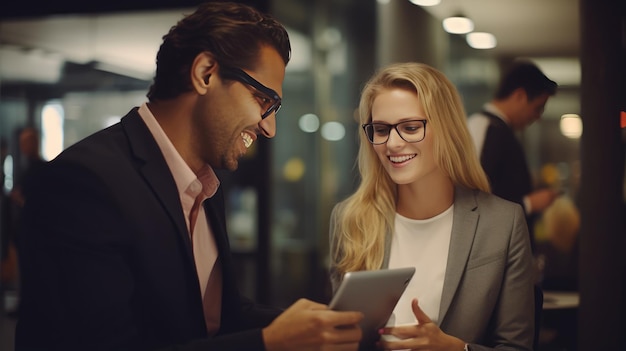 Un groupe de professionnels d'affaires discutant et planifiant avec une tablette numérique