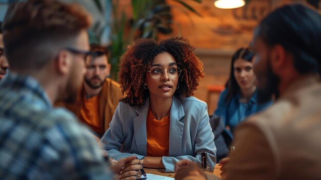 Un groupe de professionnels d'affaires multiraciaux ayant une réunion dans un bureau moderne