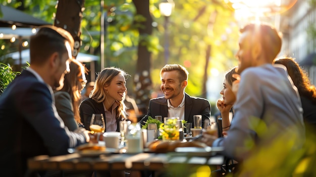 Un groupe de professionnels d'affaires profitant d'un repas ensemble en plein air