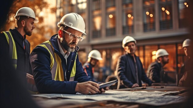 Un groupe de professionnels, un architecte et un ingénieur, inspectent des documents sur un chantier de construction.