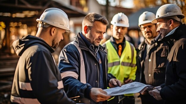 Un groupe de professionnels, un architecte et un ingénieur, inspectent des documents sur un chantier de construction.