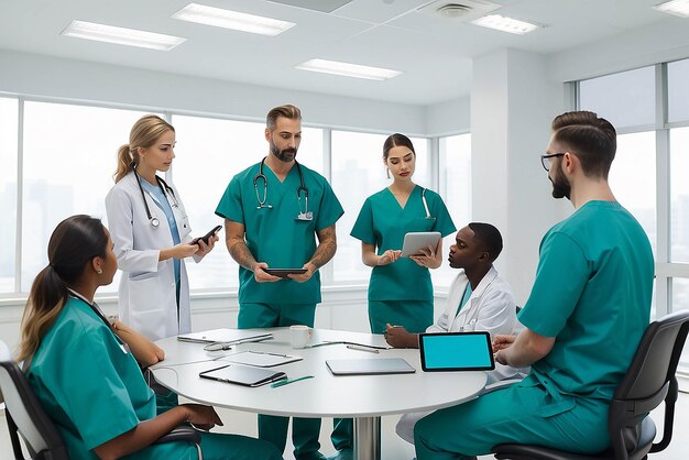 Photo groupe de professionnels de la santé avec une tablette numérique se réunissant dans la salle de réunion de l'hôpital personnel médical pendant la séance d'information du matin