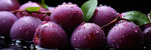 Un groupe de prunes avec des gouttes d'eau sur elles